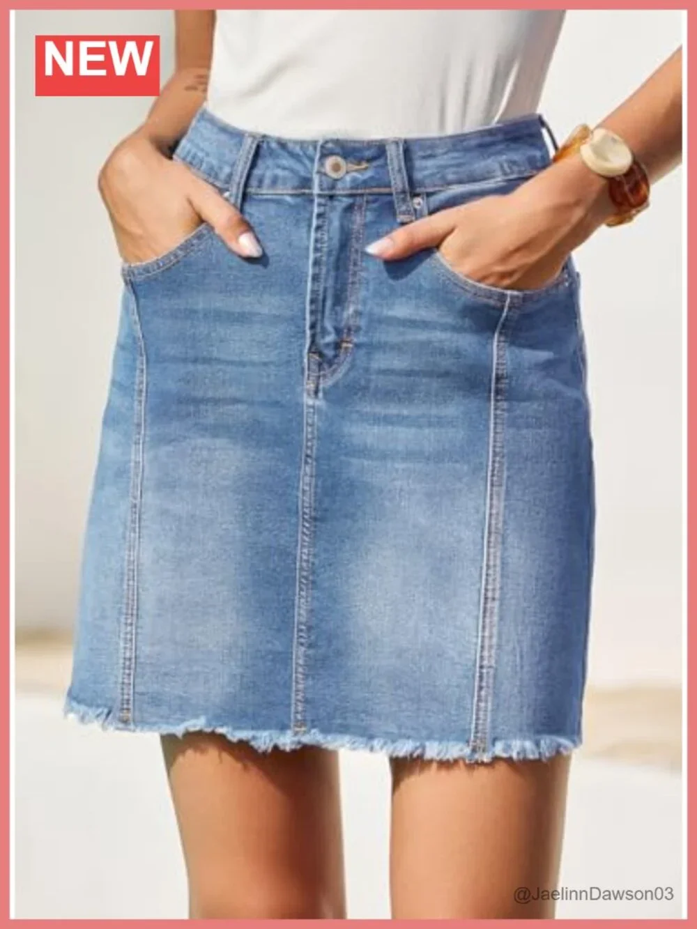 High Waist Stretch Denim Skirt with Raw Hem, Button Down, Casual Mini Skirt